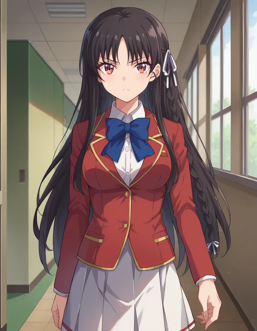 score_9, score_8_up, score_7_up, source_anime,
suzunehorikita, <lora:suzune-horikita-ponyxl-lora-nochekaiser:1>,
suzune horikita, long hair, black hair, red eyes, hair ribbon, braid,
bow, school uniform, jacket, bowtie, blue bowtie, blazer, red blazer, skirt, white skirt,
indoors, classroom, hallway,
looking at viewer, cowboy shot, dutch angle,