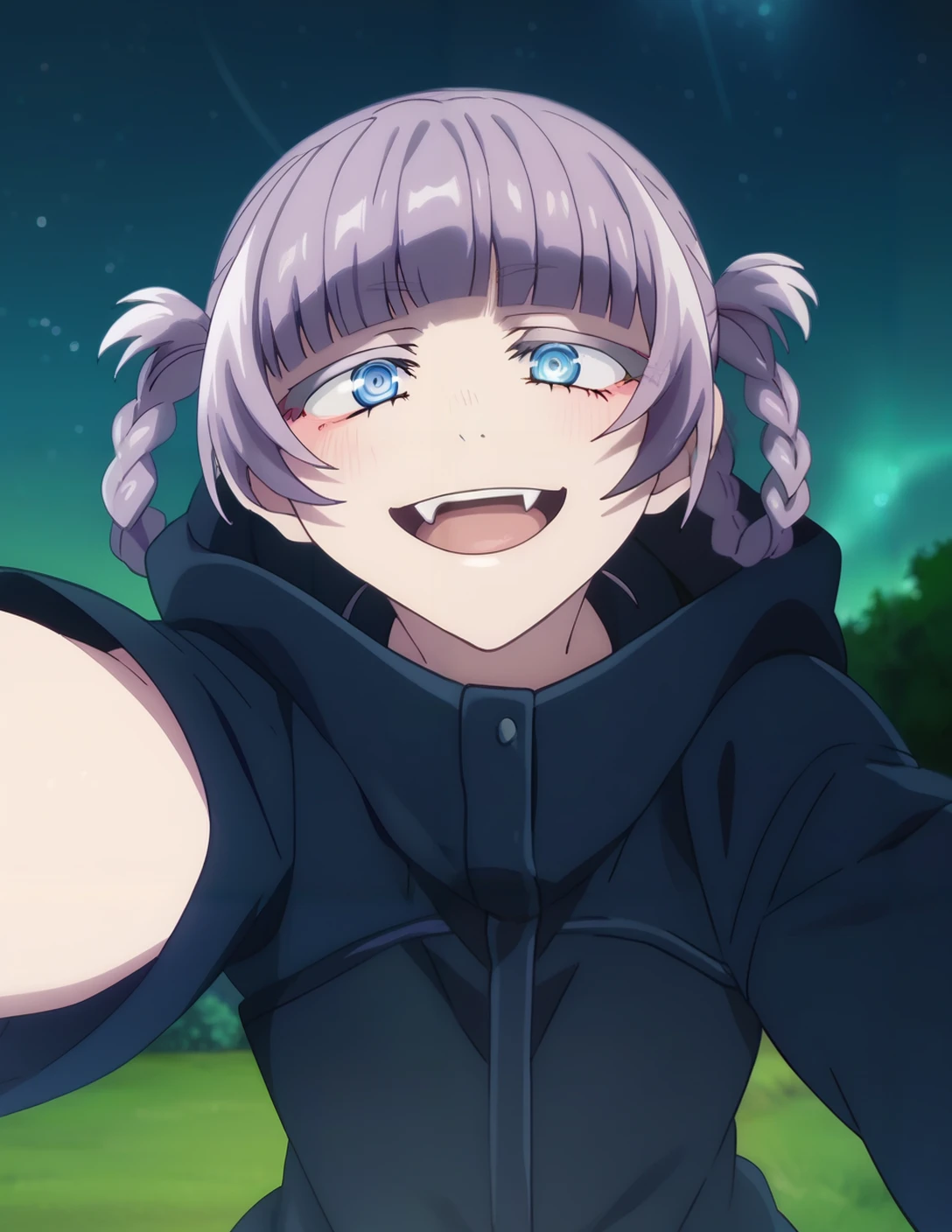 score_4, score_5, score_6, score_9, score_8_up, score_7_up, <lora:nanakusa_nazuna:1>, nazunaxl, thighhighs, hair rings, blue eyes, blunt bangs, braided hair rings, long sleeves, purple hair, short hair, ringed eyes, black coat, <lora:Fine_Anime_Screencap-Pony:1> fine anime screencap_xl, anime_screencap, pov, selfie, smile, light blush, open mouth, fangs, outdoors, night, star \(sky\),