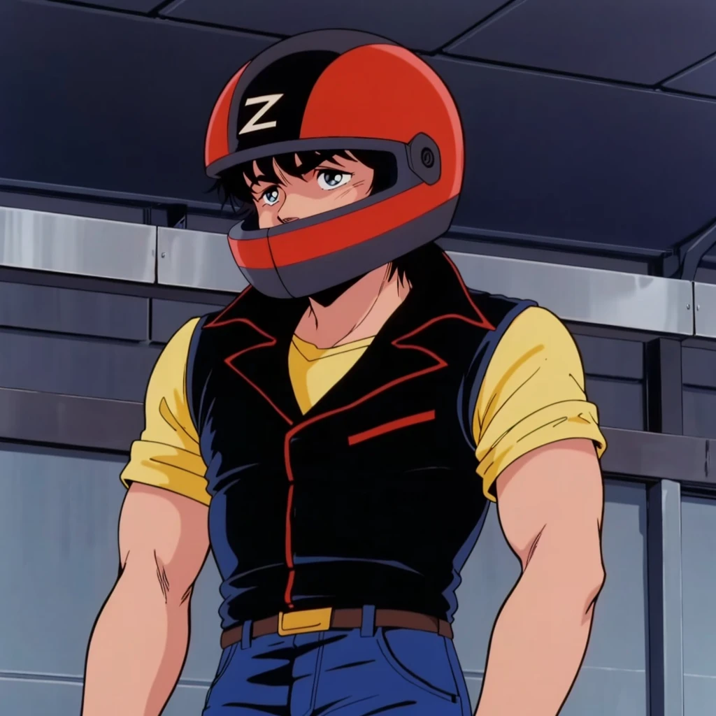 <lora:MZ1YahagiShogo002:0.7>,
solo,
MZ1YahagiShogo,1boy,retro artstyle,1980s (style),
(helmet:1.2),
short -sleeved shirt,black vest,
jeans,