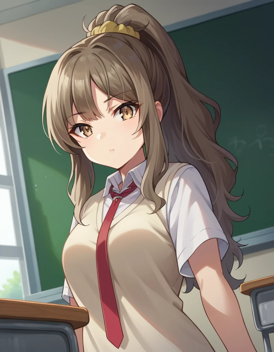 masterpiece, best quality,girls und panzer,nishizumi miho, ooarai school uniform,white shirt,black neckerchief, classroom, sitting, cowboy shot, <lora:Nishizumi Miho:0.6>