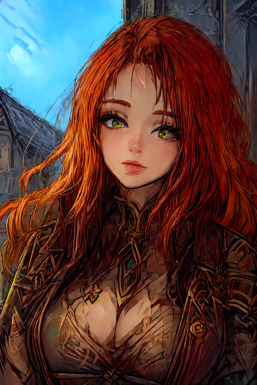 (masterpiece, best quality, ultra detailed, beautiful illustration), atmospheric perspective, depth of field, (outdoors, medieval city market),god rays, sunlight, reflections, ray tracing, 1girl, huge breasts, yellow dress, <lora:am0ur4nth_v2:0.8> am0ur4nth, red hair, green eyes