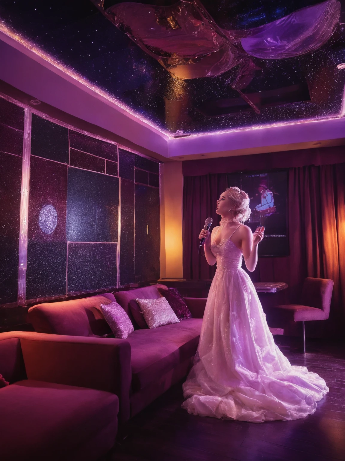 Dreamscape <lora:JJsKaraokeRoom_XL:0.8>,((Karaoke Room)), ((dramatic lighting)), Masterpiece, high quality, best quality, authentic, super detail , high quality, ceiling light, highly detailed, screen, sofa, table, bottle, glass, neon light,
<lora:YourAlisa_SDXL:..7> , ((Alisa)),((1girl)), maid dress, singing, glamour body,sitting, microphone, . Surreal, ethereal, dreamy, mysterious, fantasy, highly detailed