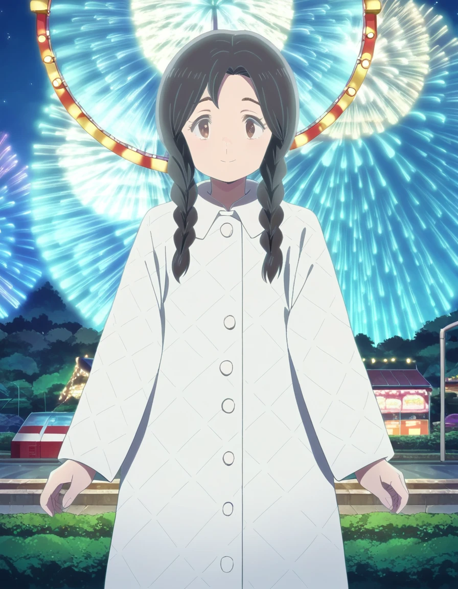 score_9, score_8_up, score_7_up, source_anime,
uruseinozomi, <lora:urusei-nozomi-ponyxl-lora-nochekaiser:1>,
nozomi, long hair, black hair, braid, twin braids, brown eyes, smile,
coat, white coat, long sleeves,
outdoors, roller coaster, amusement park, ferris wheel, night, night sky, starry sky, fireworks,
looking at viewer,