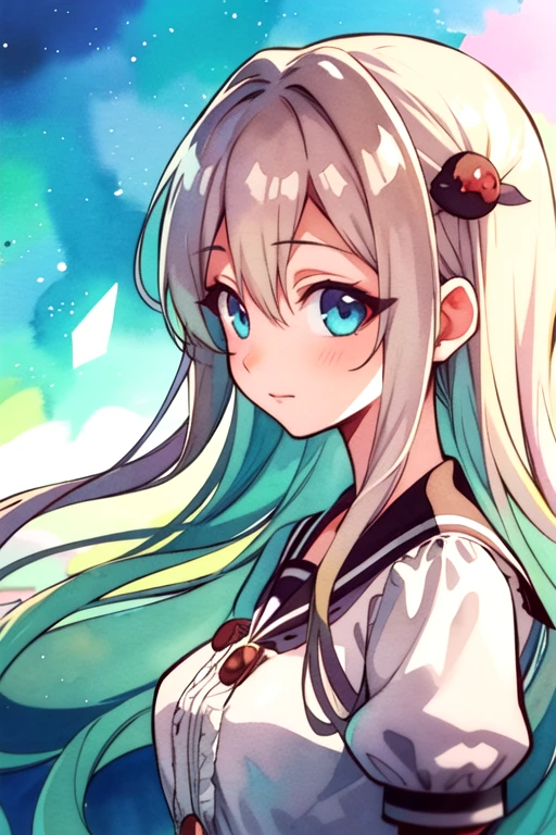 masterpiece, best quality, photorealistic, 1girl, aquamarine eyes, light blonde hair,, solo, looking at viewer, upper body, depth of field, (watercolor illustration, soft pastel colors:1.1), realistic, Bio-luminary spirits- Phosphorescent, wispy entities floating with ethereal luminescence., 32k resolution, <lora:hanako-kun_style:0.78>, hanako-kun_style