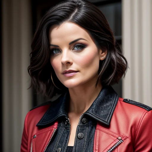 Portrait of a jaimiealexander female A detailed portrait of a woman with a neutral expression, facing the camera head-on. She has light brown wavy hair parted on the side and draped over her shoulders. Her makeup includes defined eyebrows, subtle eyeshadow, and bold red lipstick. She has green eyes and a scattering of freckles across her nose and cheeks. She's wearing what appears to be a red garment with a black denim jacket over it, the collar of the jacket is popped and outlined with black stitching.