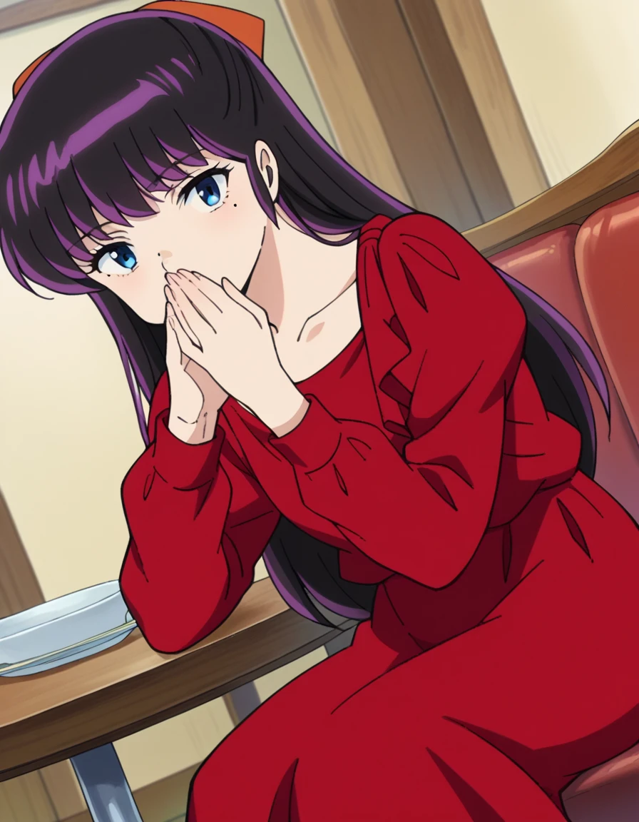 score_9, score_8_up, score_7_up, source_anime,
ryoukomendou, <lora:ryouko-mendou-ponyxl-lora-nochekaiser:1>,
ryouko mendou, long hair, blue eyes, purple hair, bow, hair bow, mole, mole under eye, covering own mouth,
dress, red dress, collarbone, long sleeves,
indoors, sitting, table, sofa,
looking at viewer, cowboy shot, dutch angle,