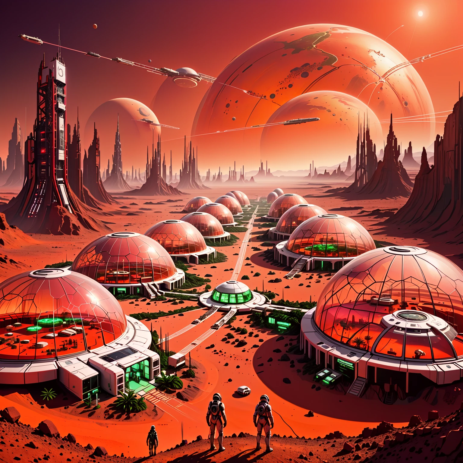 A futuristic city on Mars, featuring domed habitats and a network of interconnected greenhouses, under a glowing red sky