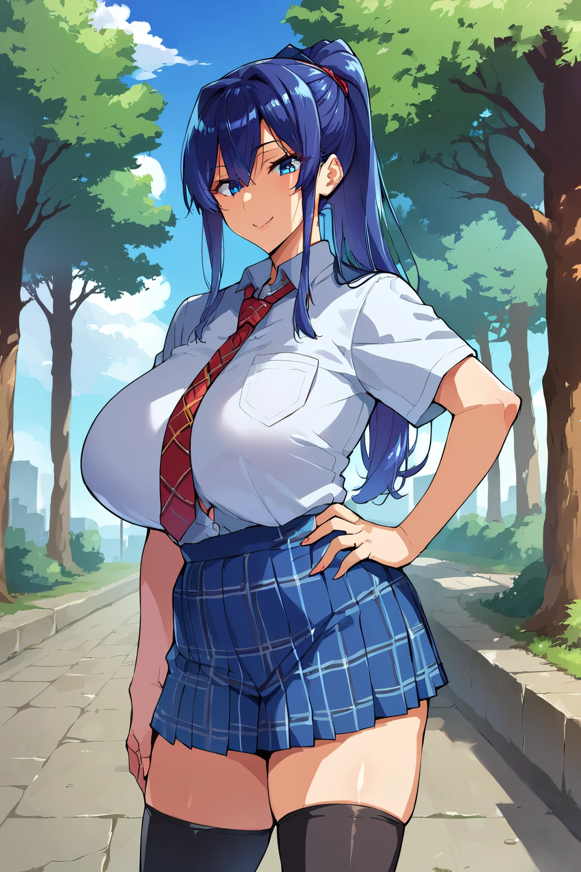 score_9,score_8_up,score_7_up,score_6_up, <lora:takeda_hiromitsu_style_xl_goofy:1>takeda hiromitsu style,1girl, breasts, skirt, thighhighs, solo, blue eyes, necktie, school uniform, long hair, blue hair, ponytail, huge breasts, shirt, tented shirt, plaid, outdoors, plaid skirt, smile, hand on hip, looking at viewer, blue skirt, sidelocks, high ponytail, thighs, sky, tree