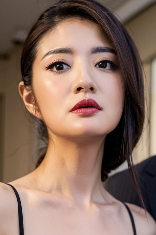 Best quality,masterpiece,ultra high res,8K,(photorealistic:1.4),1girl,low key,slim body,dynamic pose,face closeup,makeup,<lora:ady_an:1>,suit,brown hair,front view,