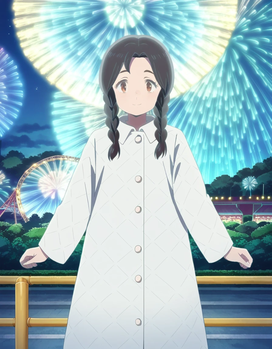 score_9, score_8_up, score_7_up, source_anime,
uruseinozomi, <lora:urusei-nozomi-ponyxl-lora-nochekaiser:1>,
nozomi, long hair, black hair, braid, twin braids, brown eyes, smile,
coat, white coat, long sleeves,
outdoors, roller coaster, amusement park, ferris wheel, night, night sky, starry sky, fireworks,
looking at viewer,