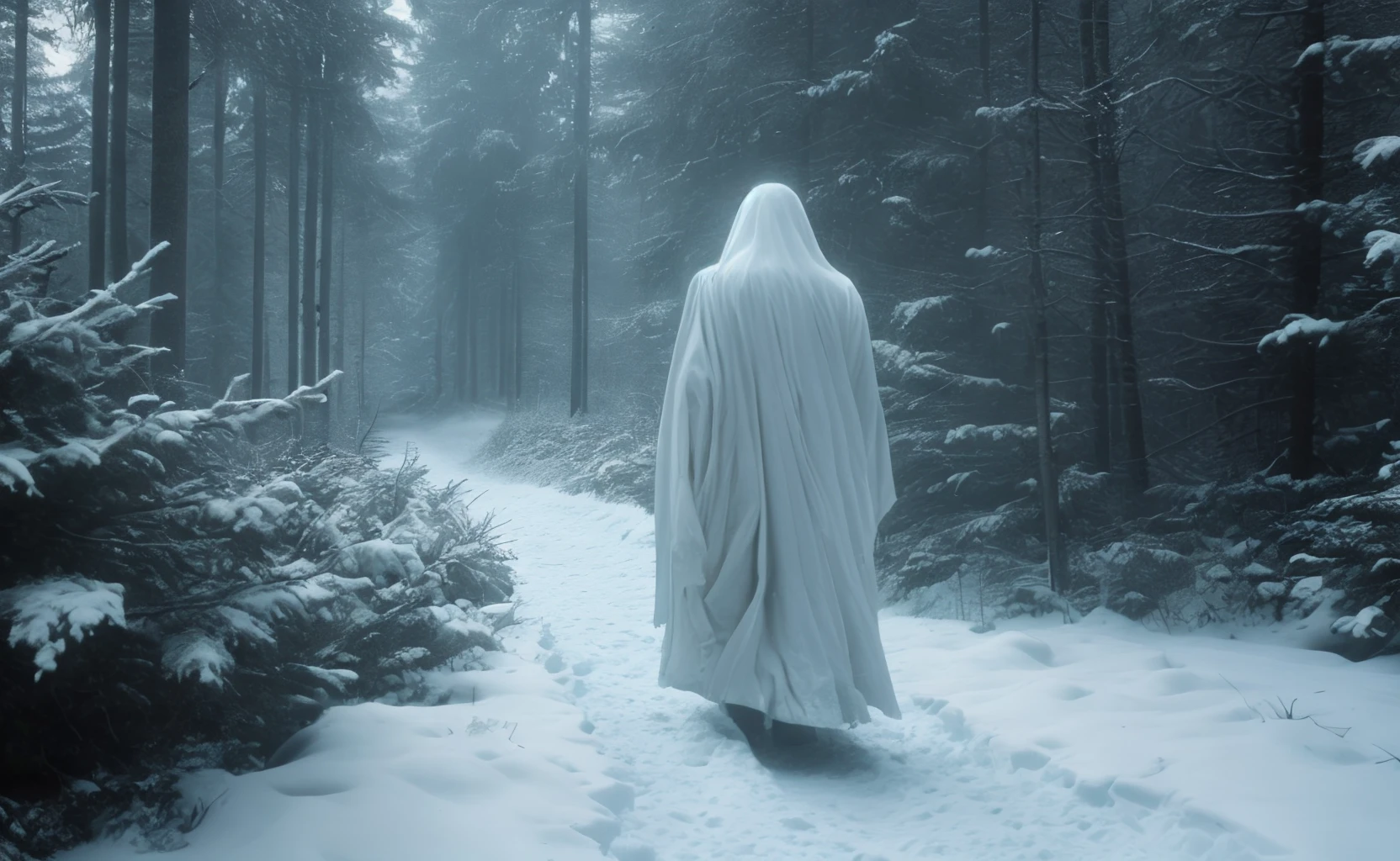 ghostly coniferoustic real walker huge wide stepping feets ghosts under a white blanket sleepwalking coniferosity in a coniferate conifertopia coniferex, masterpiece of photography, cinematic, monty python, filigree detailed, sharpened, 32k