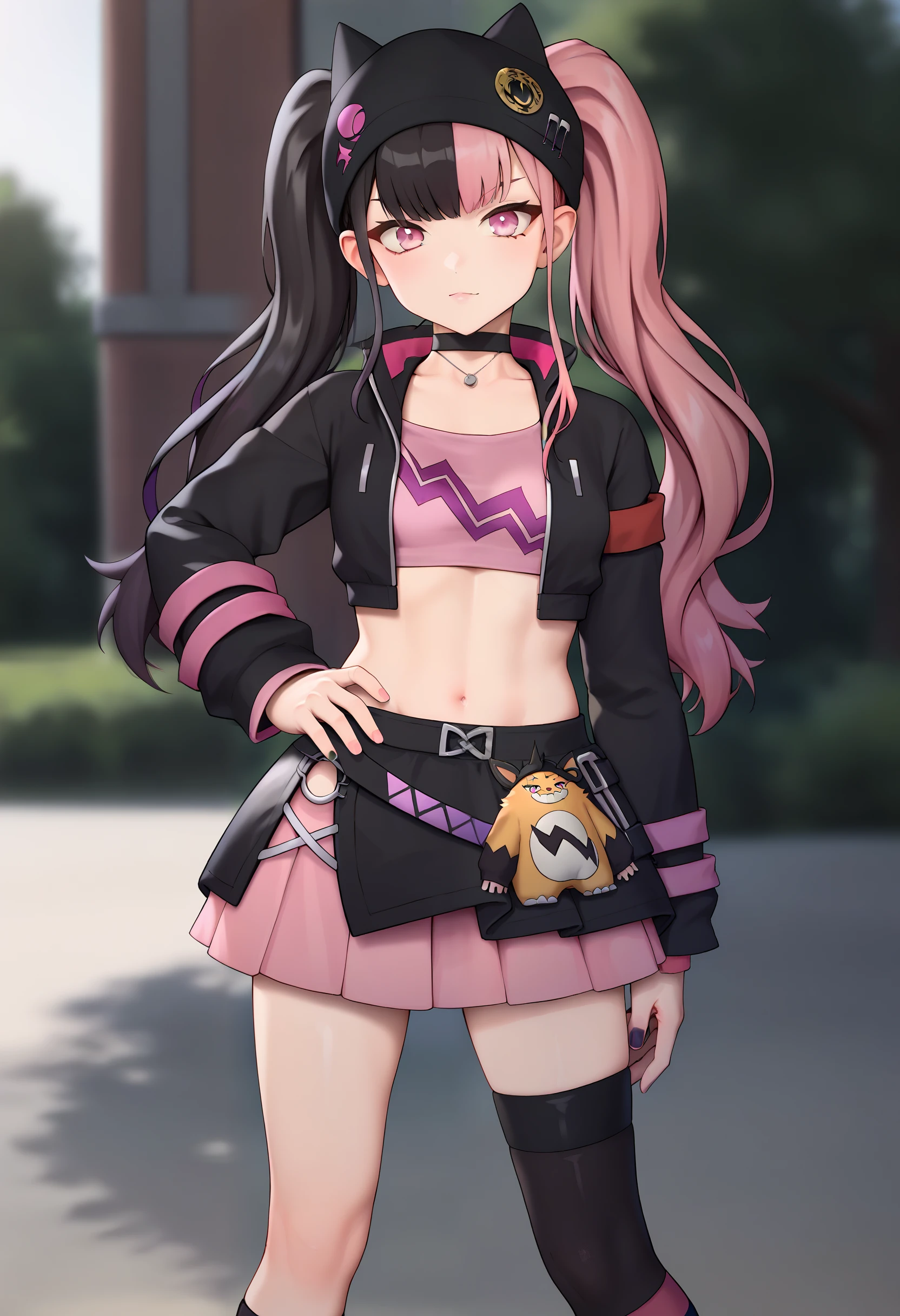 score_9, zoe_rayne, 1girl, solo, pink eyes, asymmetrical legwear, jewelry, twintails, multicolored hair, pink hair, black hair, black jacket, two-tone hair, choker, hat, long hair, midriff, small breasts, skirt, outdoors, look at the viewer <lora:Palworld-Zoe_Rayne:0.7> rustle_style <lora:rustle_pdxl:0.7>