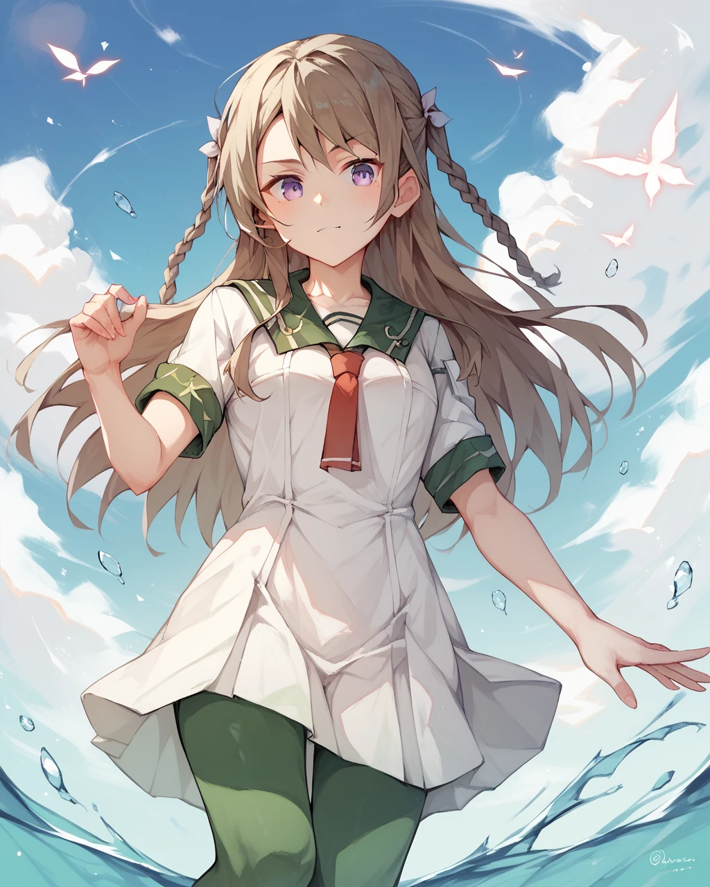 score_9, score_8_up, score_7_up,
<lora:Miroku_Yumiko_PONY:1>,1girl, solo,purple eyes, green pantyhose, long hair, twin braids,braid, sailor dress, school uniform,brown hair, necktie, white dress, hair ornament,