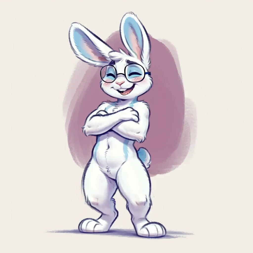 solo, anthro, male, blush, toony, rabbit, abstract background, pink background, motion lines, open mouth, standing, arms crossed, eyes closed, glasses, blue sclera, attitude, lagomorph, smile, fur, white body, teeth, 4 fingers, 3 toes, biped, null, flat color, digital media (artwork), digital painting (artwork), hi res, by keffotin, by cubi, by letodoesart, btets <lora:btets_v1.0_:0.7>