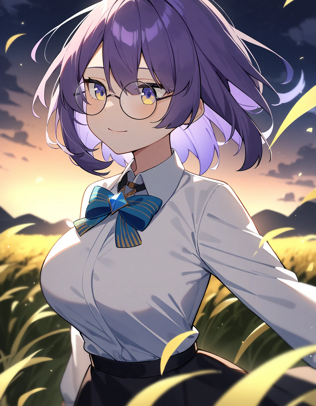 1girl, moona hoshinova, hololive indonesia, hololive,
short hair, purple hair, streaked hair, round eyewear, white shirt, collared shirt, bowtie, large breasts, light smile, 
field, night, night sky, wind, 
masterpiece, best quality, very aesthetic, absurdres,