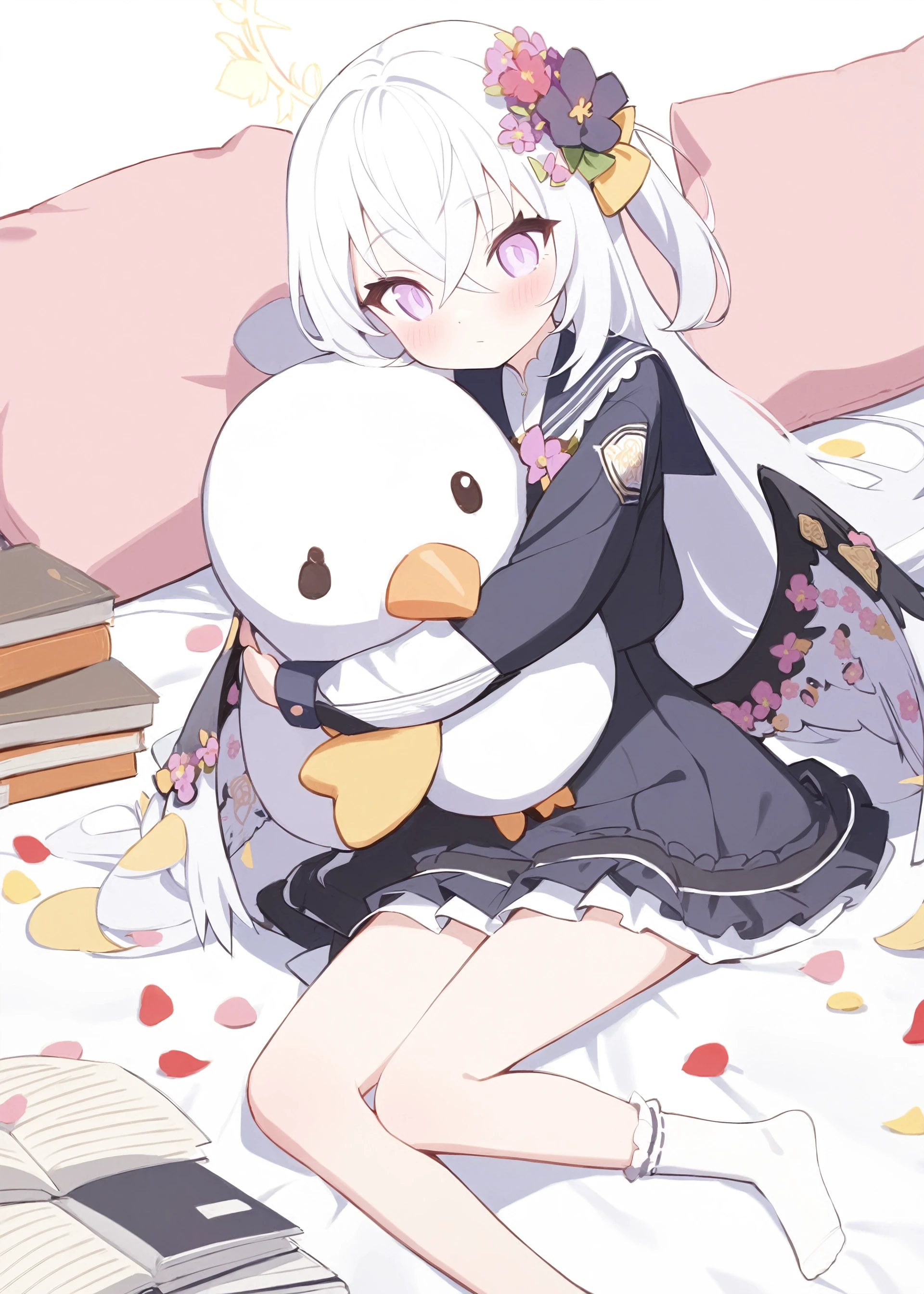 1girl,
azusa \(blue archive\),
halo, on side, no shoes, hugging object, hair ornament, white background, book, yellow bow, low wings, flower, black dress, feathered wings, blush, black sailor collar, very long hair, hair between eyes, closed mouth, frilled dress, stuffed bird, white hair, dress, puffy long sleeves, red flower, white wings, bed sheet, long sleeves, open book, lying, puffy sleeves, socks, stuffed toy, stuffed animal, pillow, long hair, purple eyes, wings, hair flower, pleated dress, ribbon trim, sailor collar, frilled socks, solo, frills, white socks, crossover, loose socks, sailor dress, petals, bow, simple background, ribbon-trimmed sleeves,
masterpiece, newest, absurdres, safe, <lora:ag31_style_ba_v1-000016:1>