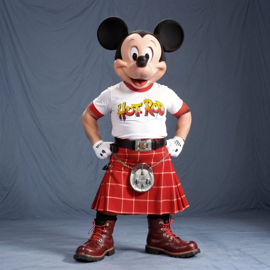 Mickey Mouse, wearing HUD_Rwdy_Pipr, white shirt "Hot Rod" text, belt, kilt, wristband, kneepads, boots, <lora:Rowdy_Roddy_Piper:0.6>, toon \(style\),