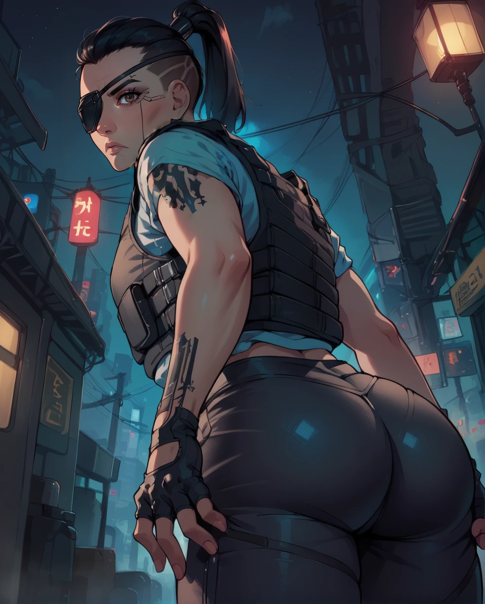 score_9,score_8_up,score_7_up,
Regina,brown eyes,black eyepatch on right eye,black hair,ponytail,undercut,
shirt,vest,looking at viewer,fingerless gloves,black pants,serious,tattoo,
night,standing,from below,from behind,skindentation,ass,
cyberpunk,police station,
looking at viewer,<lora:ReginaJonesCP2077-XL11:0.9>,solo,