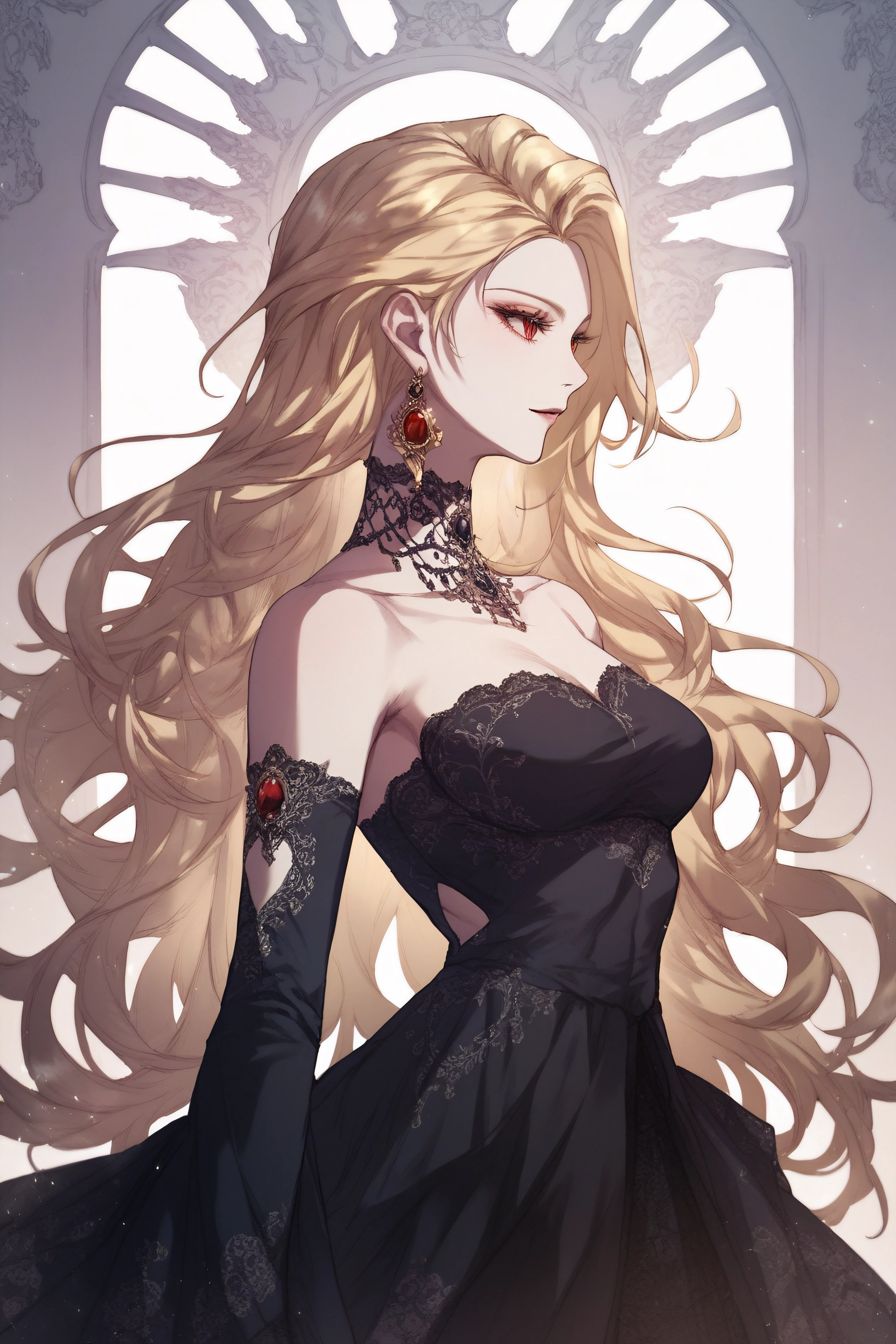 score_9, score_8_up, score_7_up, score_6_up, score_5_up, score_4_up, <lora:Roxana Agrece:0.8> roxana agree, red eyes, slit pupils, blonde hair, long hair, bare shoulders, jewelry, earrings, black dress,