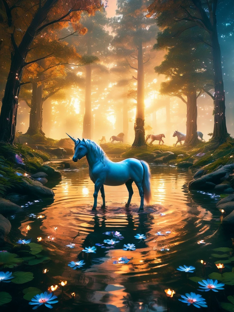 A serene, hidden grove where unicorns come to drink from a crystal-clear pond, with ancient trees standing guard and petals falling softly from the sky, bathed in the gentle light of dawn.