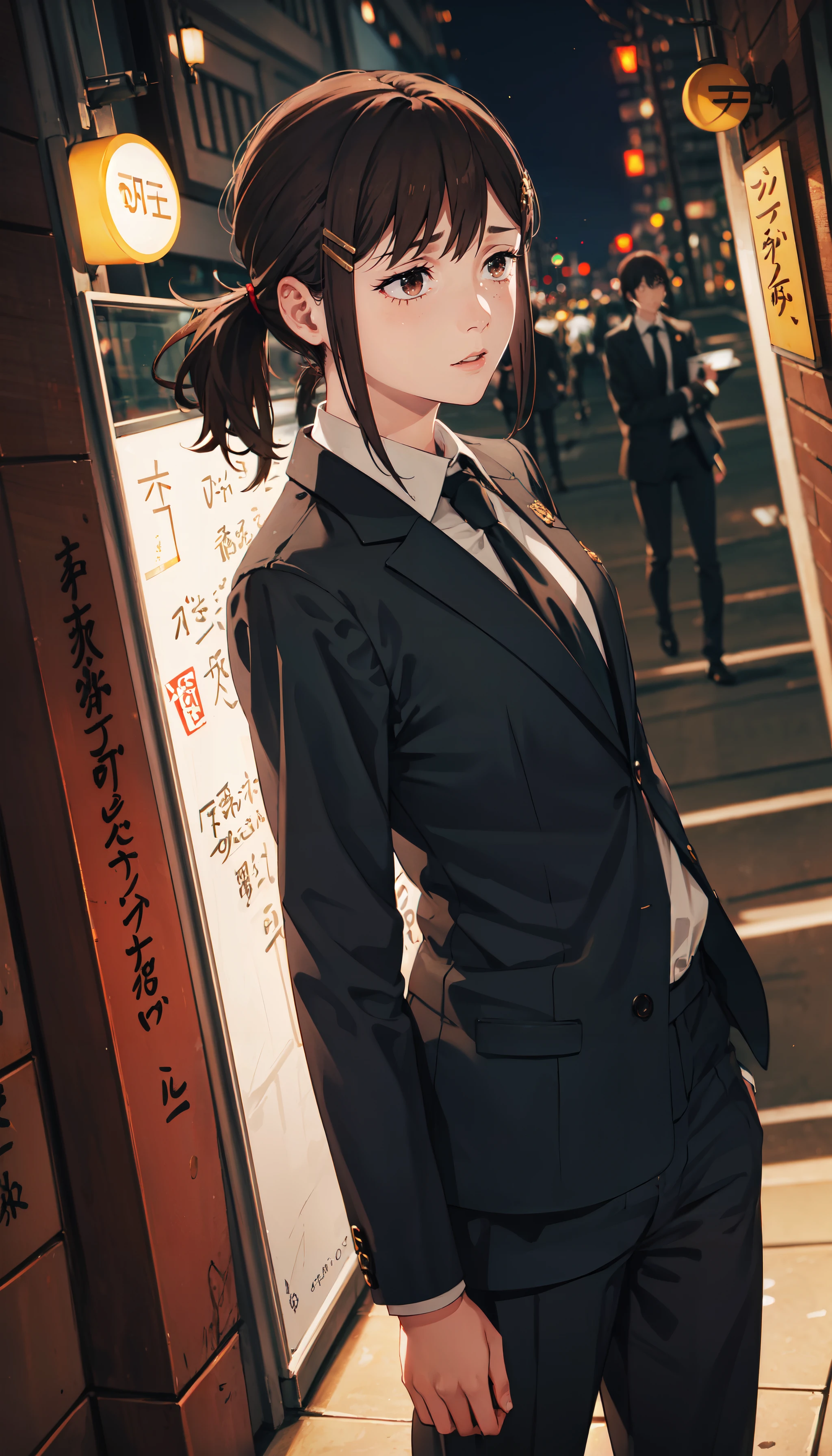 photorealistic, (4k), depth of field, (Masterpiece), (realistic skin texture), extremely detailed, intricate, hyper detailed, professional photography, bokeh, high resolution, sharp detail, best quality, girl, brown hair, ponytail, hairclip, brown eyes, suit, necktie, white collared shirt, suit pants, <lora:GoodHands-vanilla:0.4>, <lora:detail_slider_v4:0.8> , dynamic pose, (arms at her side), <lora:Kobeni Higashiyama-000004:0.7>, tokyo, nightlife, neon lights, dark, night,