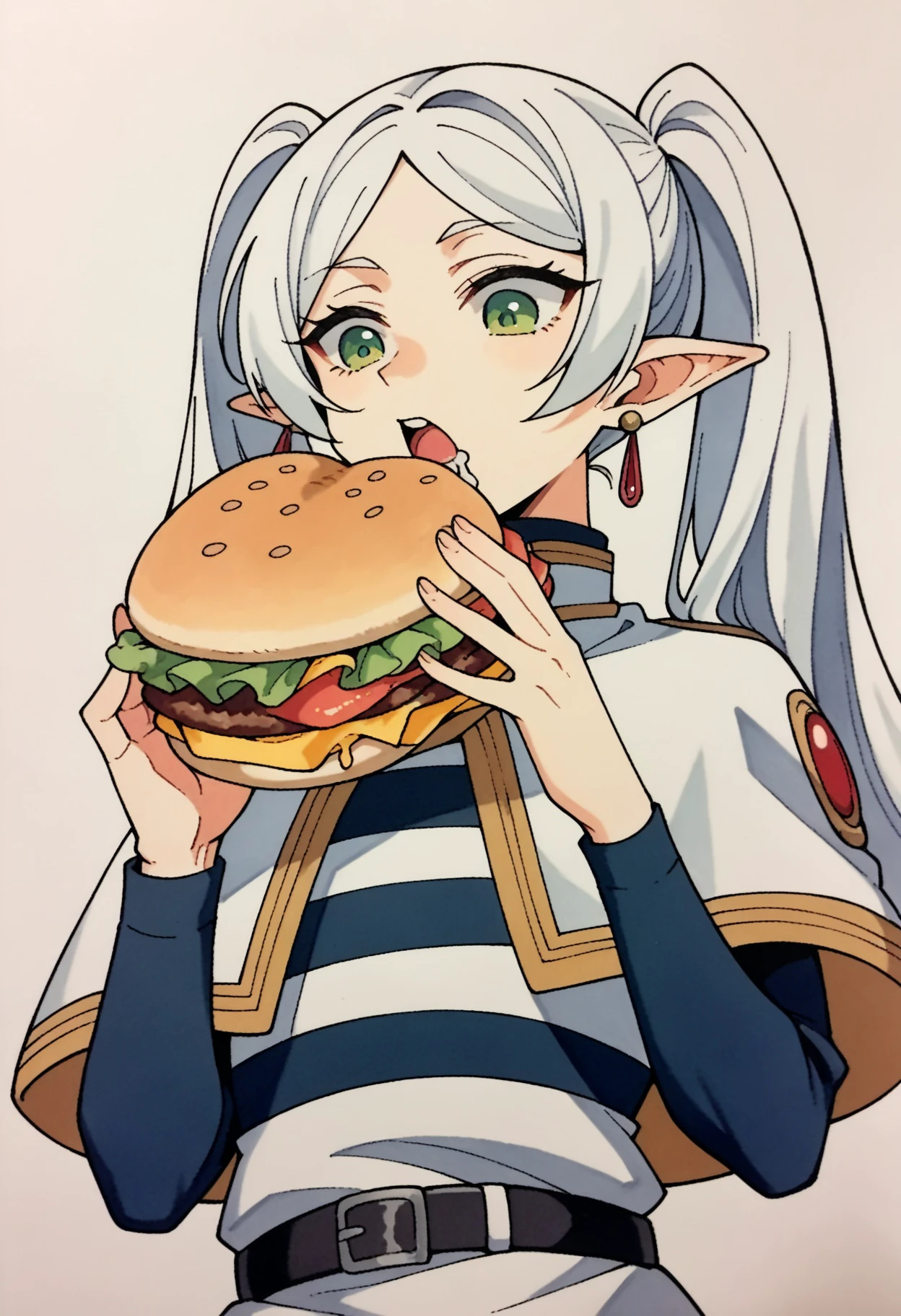 score_9, score_8_up,score_7_up, source_ anime, 1girl, simple background,traditional art,lineart, <lora:ChamFrierenPonyXL:0.7> FrierenBase, green eyes, white hair, long hair, twintails, earrings, white capelet, striped shirt, long sleeves, belt, white skirt, black pantyhose, eating burger, looking down, drooling, open mouth,
<lora:Traditional_art_v4_USENEG:-1>
