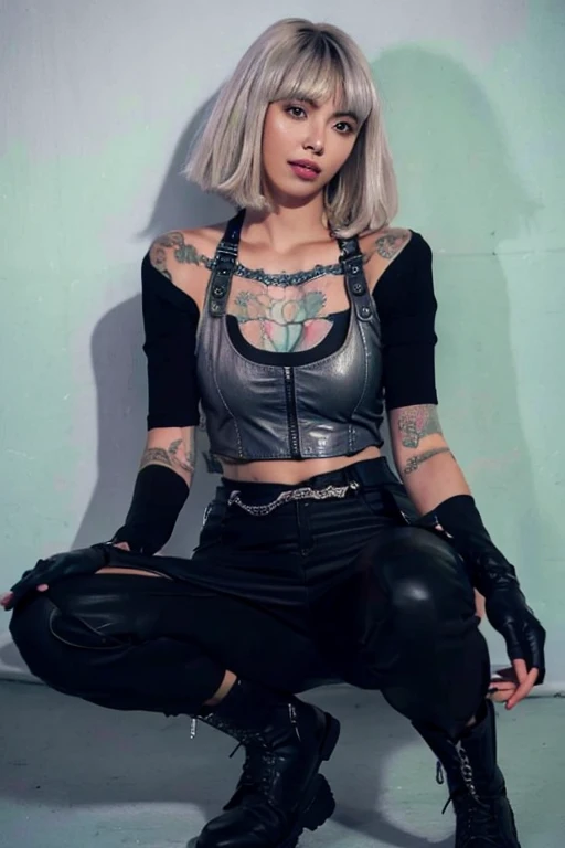 1girl,(Platinum short hair:1.5),bare shoulders,bare belly,leather vest,leather gloves,Black overalls,black boots,Chest tattoo,arm tattoo,thigh tattoo,<lora:Lash-000006:0.9>,absurdres,realistic,