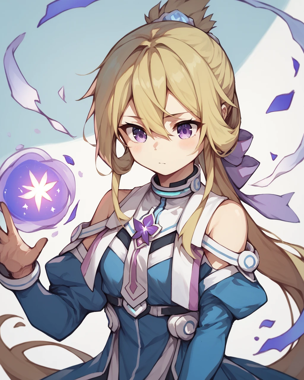 score_9, score_8_up, score_7_up,
<lora:Nogi_Wakaba_PONY:1>,1girl, solo, blonde hair,very long hair,purple eyes, ponytail,hair between eyes,bangs,ribbon, bare shoulders, blue dress, blue sleeves,Magic Girl,