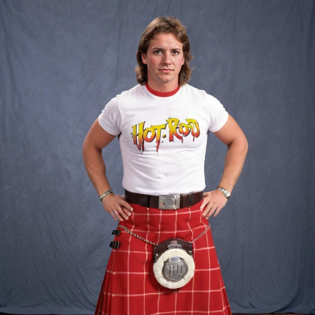 portrait, 1boy, wearing HUD_Rwdy_Pipr, white shirt "Hot Rod" text, belt, kilt, wristband, kneepads, brown boots, <lora:Rowdy_Roddy_Piper:0.6>