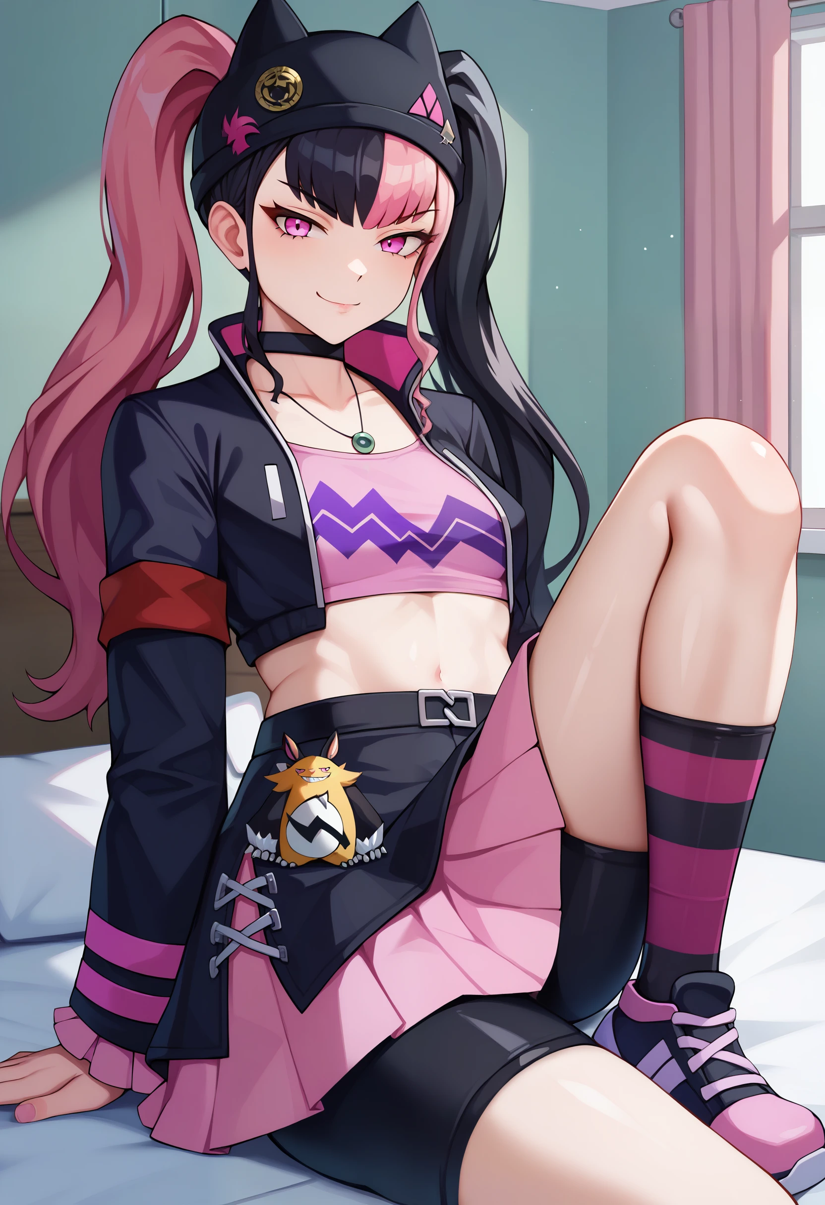 score_9, zoe_rayne, 1girl, solo, pink eyes, asymmetrical legwear, jewelry, twintails, multicolored hair, pink hair, black hair, black jacket, looking at viewer, two-tone hair, skirt, bike shorts, choker, hat, long hair, midriff, small breasts, bathroom, sitting, smirk  <lora:Palworld-Zoe_Rayne:0.8>