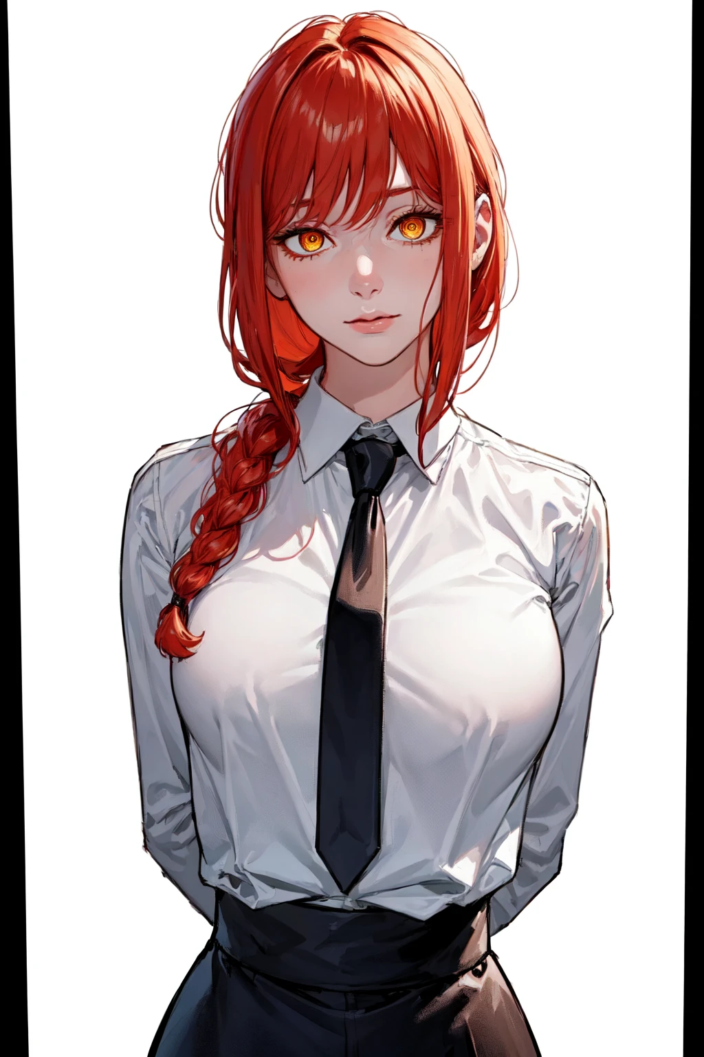 ((masterpiece, best quality, ultra-detailed)), 1girl, aged_up, solo, looking at viewer, makima, red hair, braided ponytail, yellow eyes, ringed eyes, white shirt, necktie, arms behind back, ((white background:1.3)),  <lora:Makimalxl:0.7>, upper-body