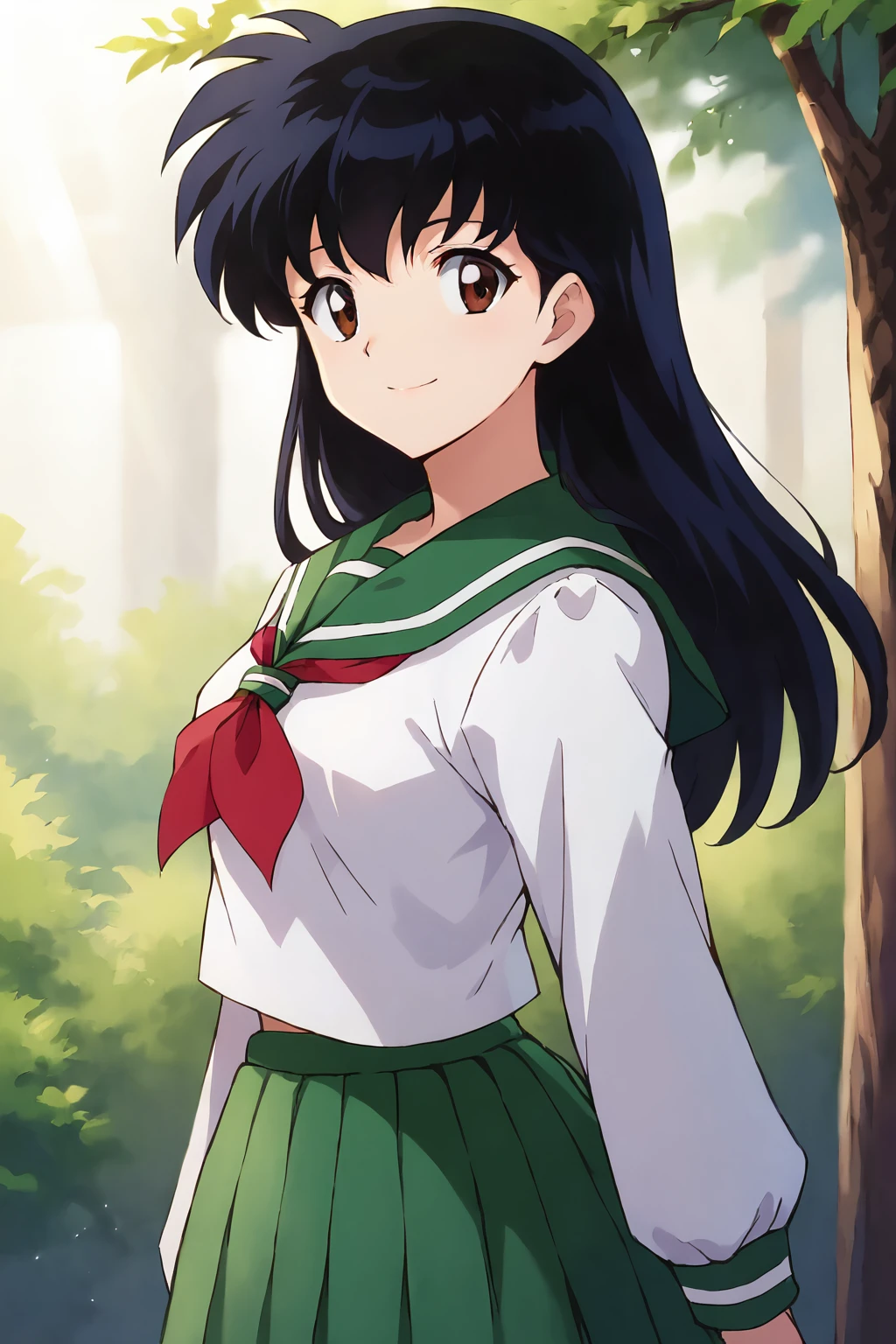 1girl, (solo), portrait, sharp focus, soft lighting,, , illustration, depth of field, (bloom:0.4), kagomexl, long hair, black hair, brown eyes, bangs, school uniform, serafuku, sailor collar, red neckerchief,  smile,  green skirt, full body,  <lora:kagomexl:0.75>