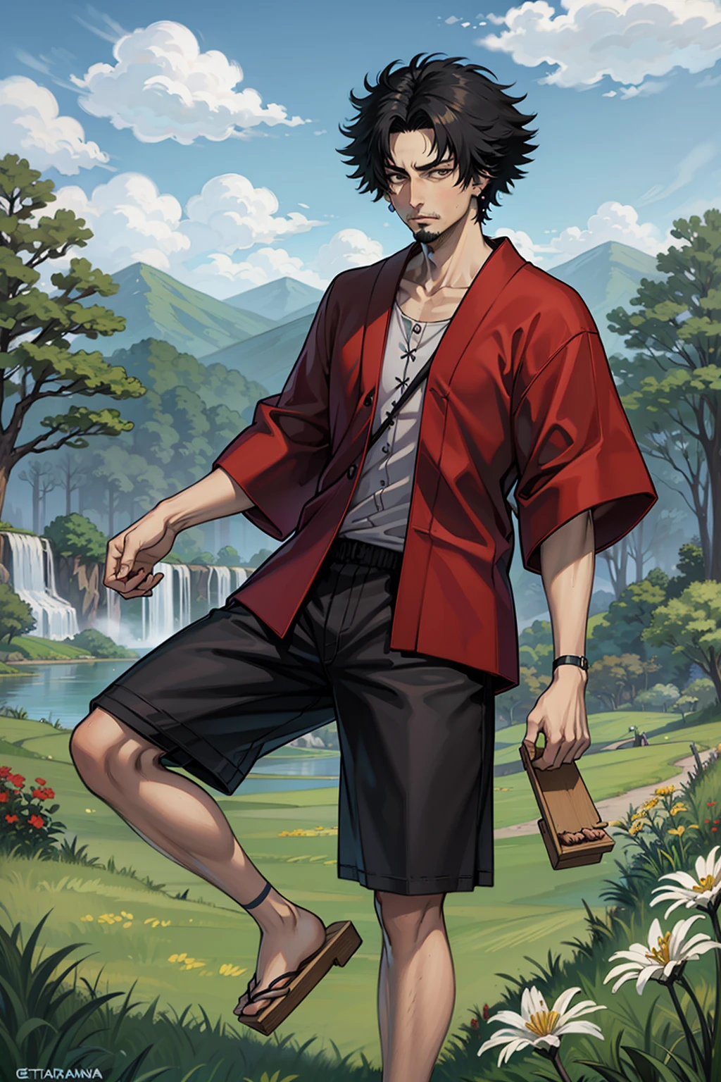 masterpiece, best quality, 1boy, male focus, solo, looking at viewer, <lora:EPscMugen-000011:0.7>, EPscMugen, black hair, short hair, earrings, goatee stubble, stubble, 00s, cloud, day, field, flower, flower field, japanese clothes, geta, red shirt, black shorts, lake, mountain, waterfall, forest,