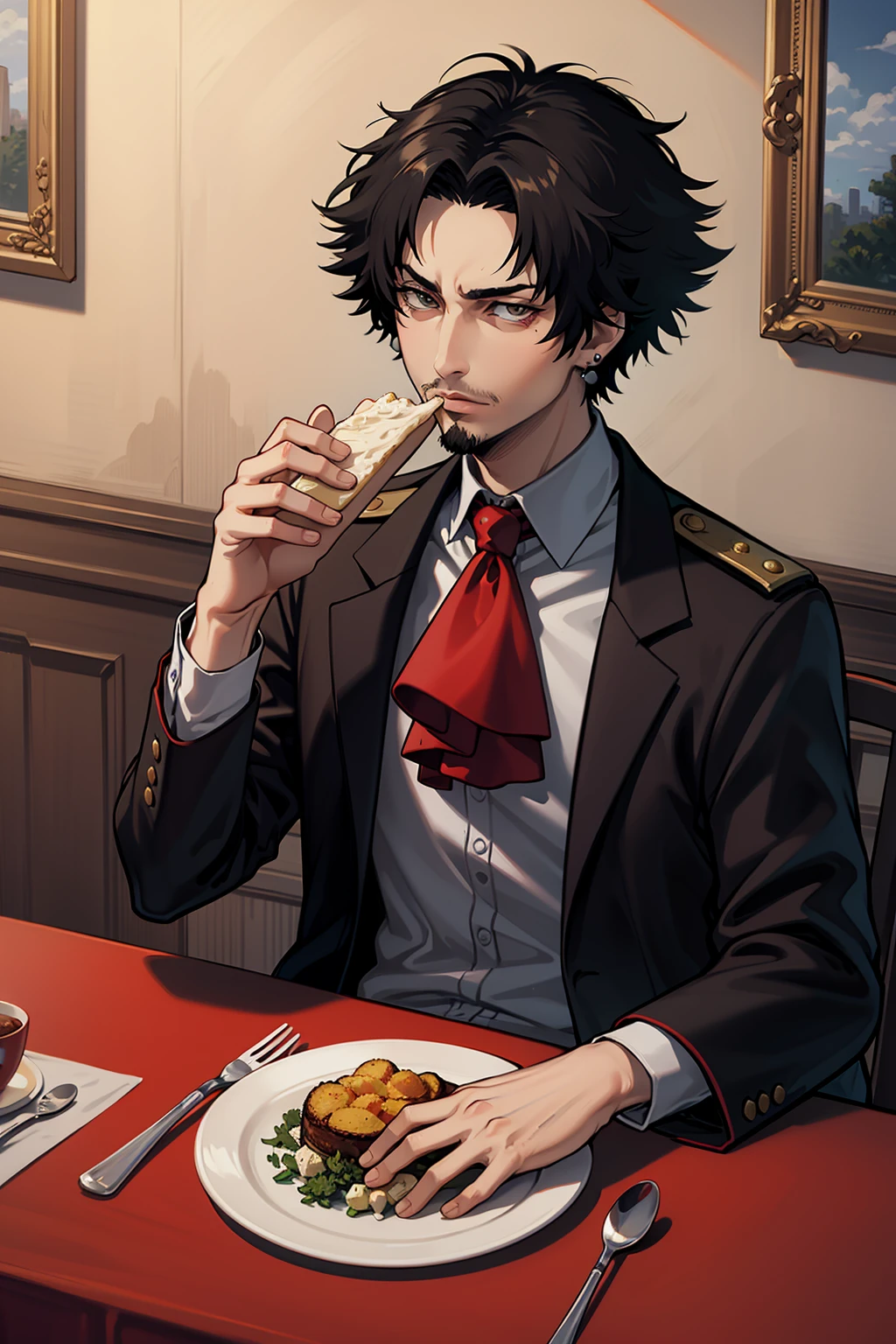 masterpiece, best quality, 1boy, male focus, solo, looking at viewer, <lora:EPscMugen-000011:0.7>, EPscMugen, black hair, short hair, earrings, goatee stubble, stubble, dark and gritty, absurdres, ascot, cropped jacket, dining room, eating, paradis military uniform, shirt,  symbolism,