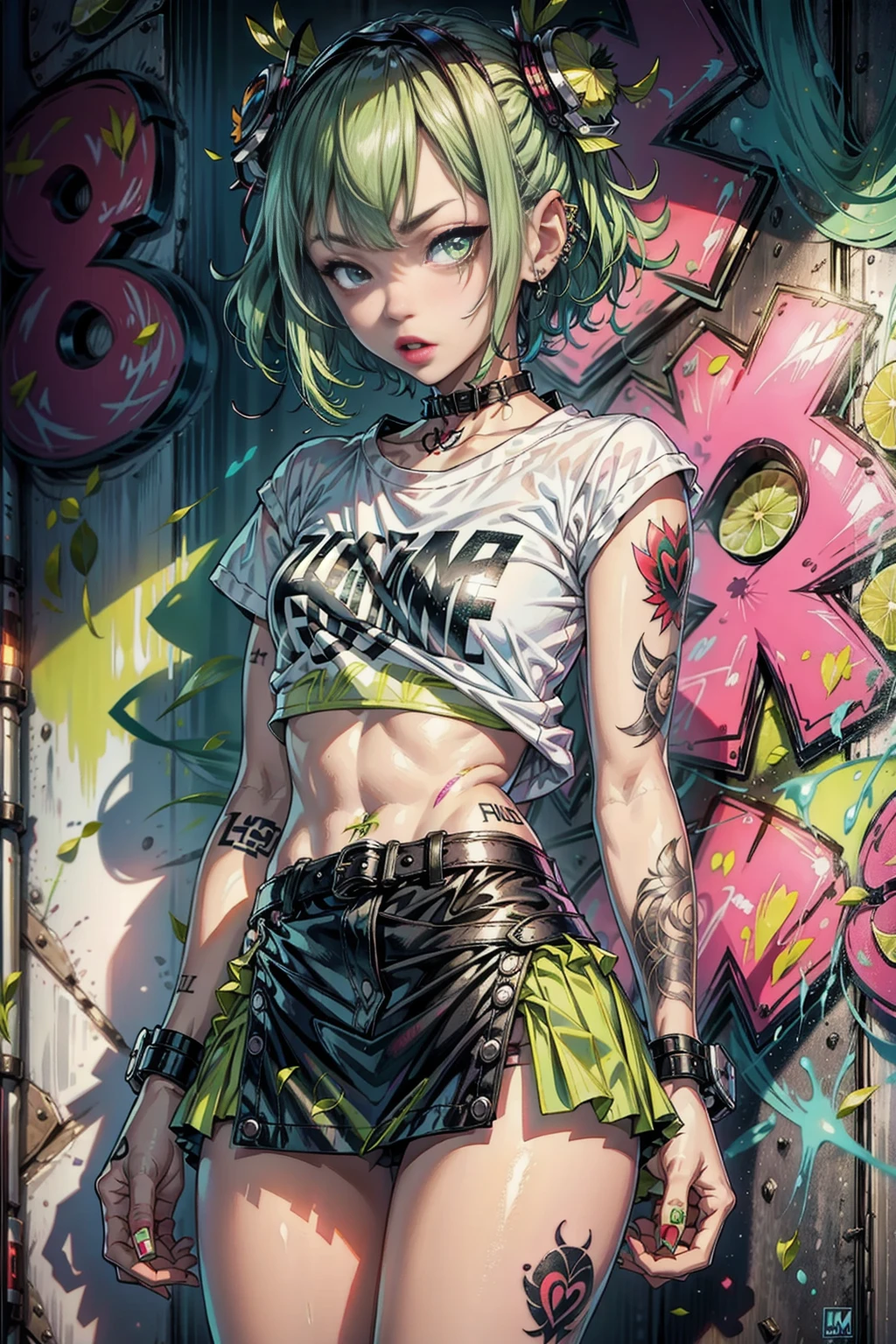 <lora:LimeWorld:1> (LimeWorld:1.1) 1girl (punk shirt and skirt:1.3)(full tattoo:1.5)  (sexy skinny:1.3) (bar grafitti:1.2)