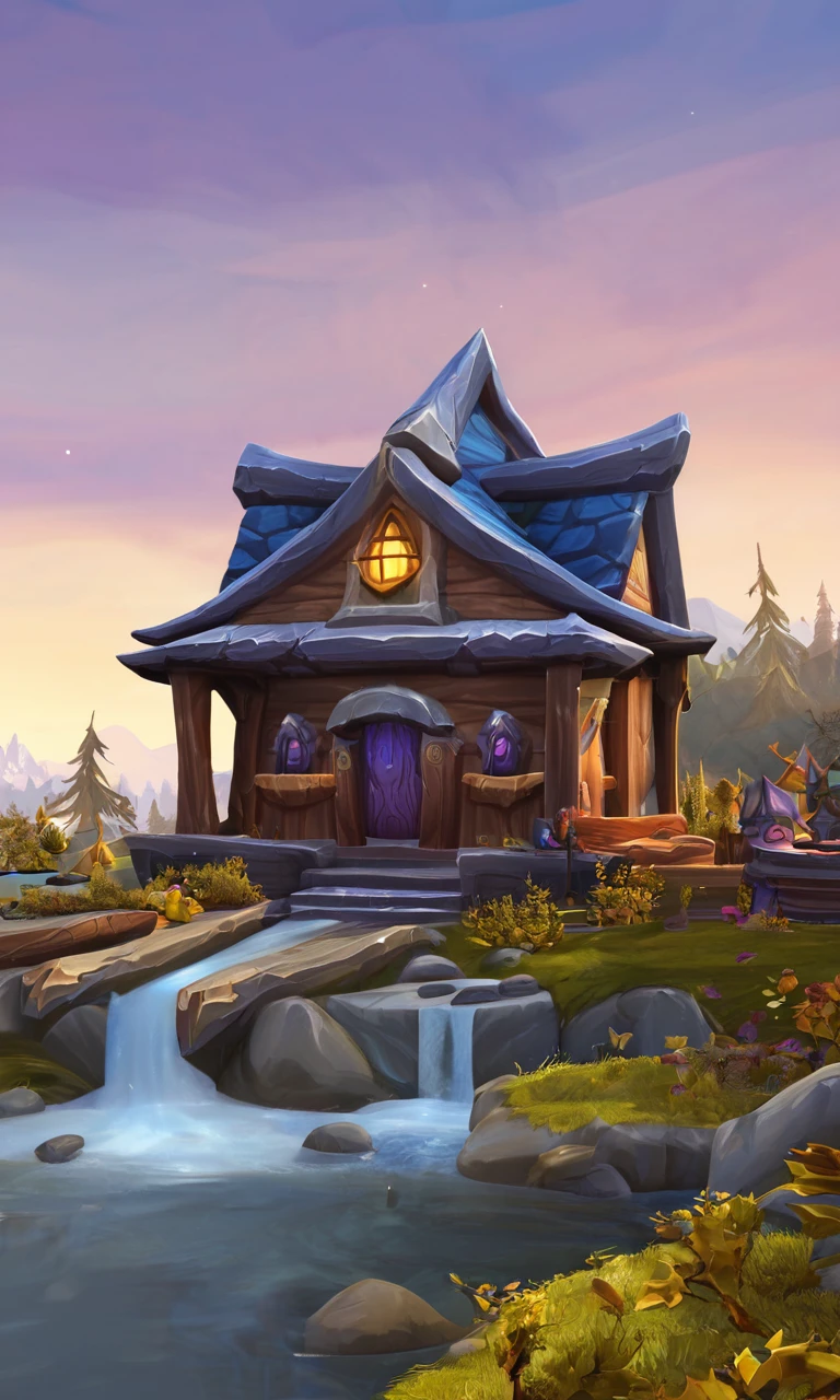 score_9, score_8_up, score_7_up, rating_safe BREAK, world of warcraft, , close-up, cozy cabin in the goods, next to a river, warcraftstyle, <lora:WarcraftStyle_v1:0.8>