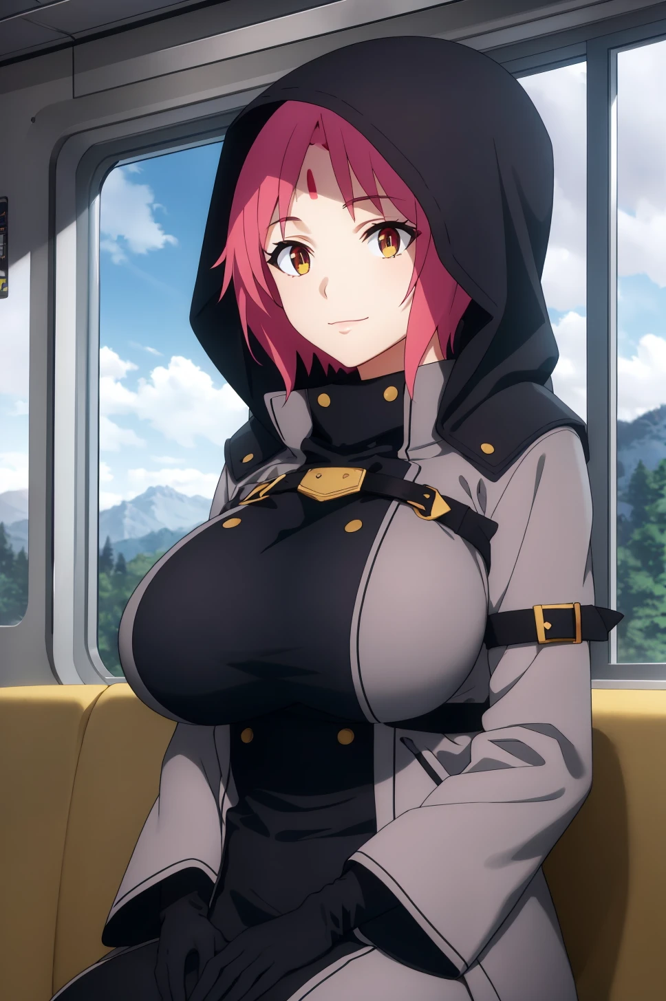 ((best quality)),((highly detailed)),masterpiece,absurdres,detailed face,beautiful face,(detailed eyes, deep eyes),1girl,((dynamic pose)) <lora:WolbachV1:0.7>Wolbach, multicolored eyes, breasts, solo, large breasts, hood, pink hair, gloves, sky, sitting, black gloves, short hair, cloud, wide sleeves, long sleeves, blue sky, looking to the side, window, day, smile, closed mouth, train interior, facial mark, forehead mark, looking away, indoors, mountain, bangs, coat, forehead jewel, parted bangs, belt, buttons, blurry, hood up, cloudy sky, cloak, dress, blurry background, v arms, hands on lap, outdoors