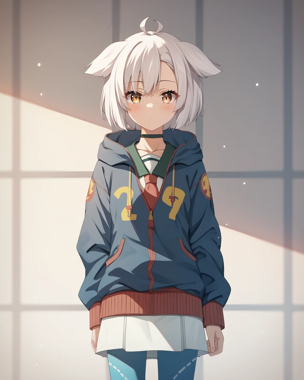 score_9, score_8_up, score_7_up, score_6_up, score_5_up, score_4_up, BREAK source_anime,
<lora:Yamabushi_Shizuku_PONY:1>,1girl, solo, short hair, white hair,animal ears,golden eyes,ahoge, hoodie, blue jacket,blue pantyhose,skirt,