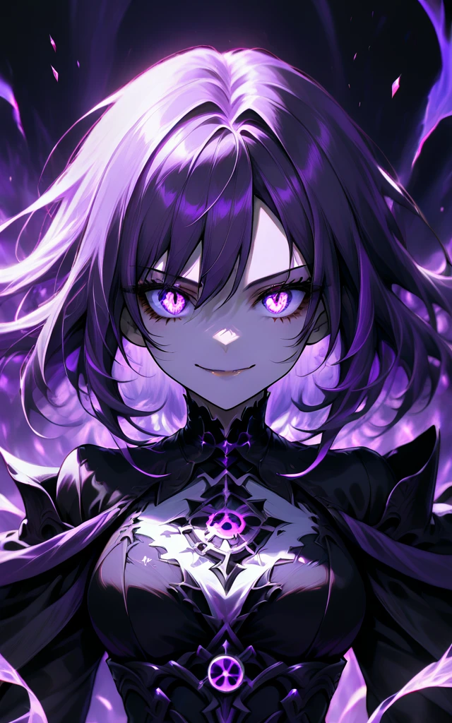 particle style,An extraordinary female character. Her eyes were firm and mysterious, revealing great power and authority.
Purple ethereal lights, evil smile, death rendering background picture,
<lora:å¥½åç±³-xl-particle:1>,