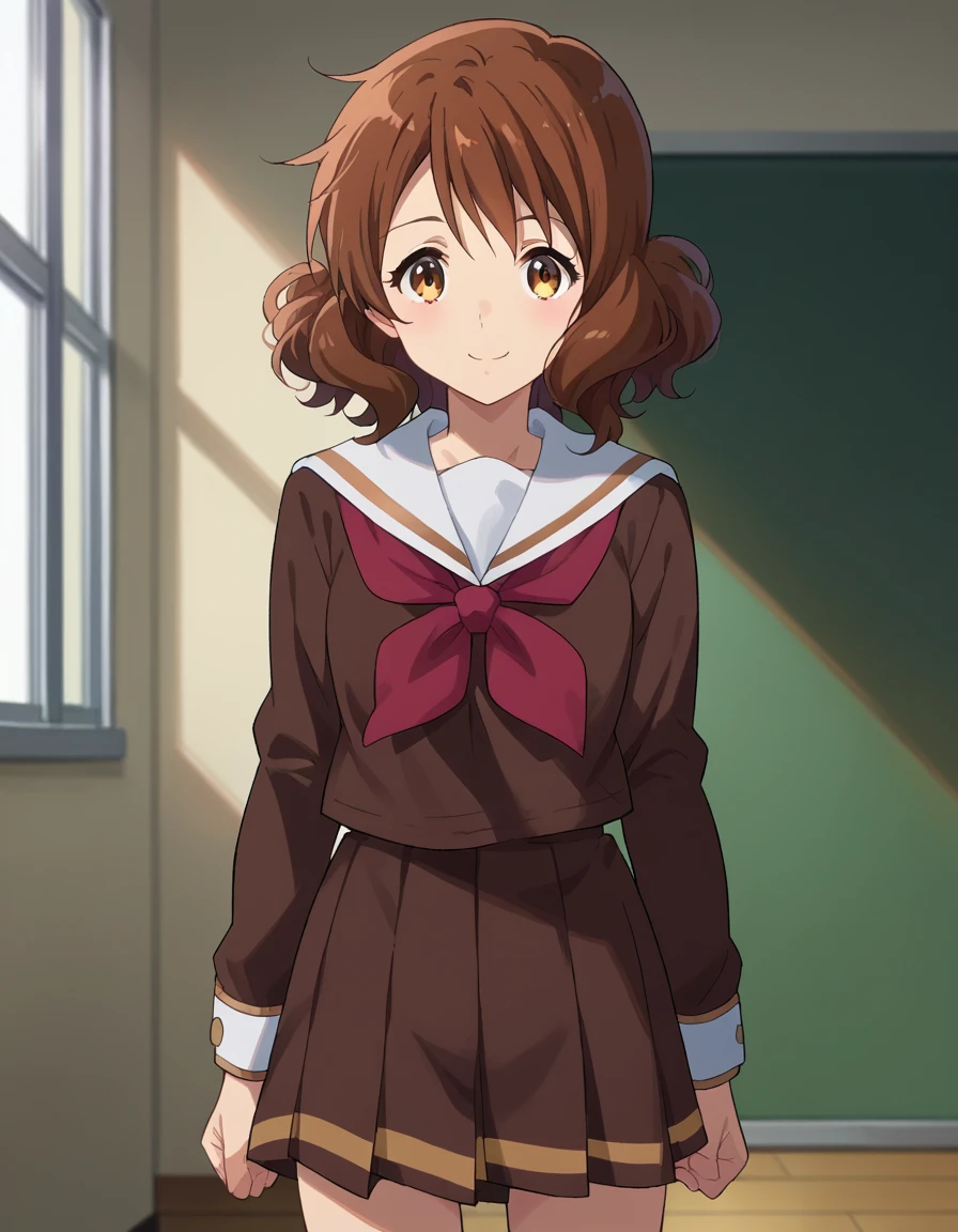 score_9, score_8_up, score_7_up, source_anime,
kumikooumae, <lora:kumiko-oumae-ponyxl-lora-nochekaiser:1>,
kumiko oumae, brown eyes, brown hair, short hair, wavy hair, smile,
skirt, shirt, long sleeves, school uniform, pleated skirt, serafuku, neckerchief, brown skirt, white sailor collar, brown shirt, kitauji high school uniform, red neckerchief,
indoors, classroom, hallway,
looking at viewer, cowboy shot, dutch angle,
