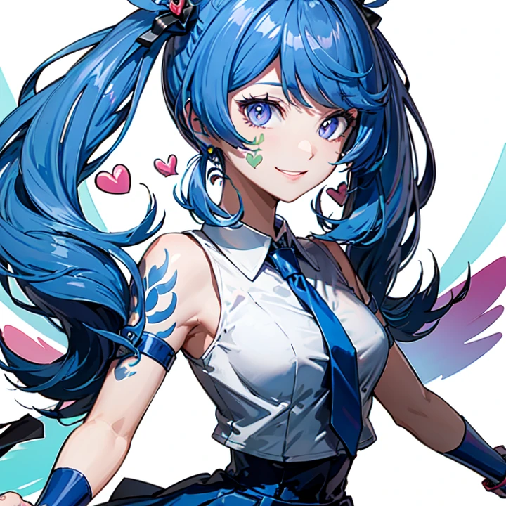 flat color,(colorful:1.3),(masterpiece:1.2),best quality,original,extremely detailed wallpaper,pixiv,looking at viewer,1girl,solo,blue angel,heart,necktie,blue necktie,sparkle,twintails,facial tattoo,blue hair,long hair,purple eyes,skirt,smile,breasts,blue skirt,tattoo,wrist cuffs,transparent background,simple background,<lora:è天使_V1:0.7>,
