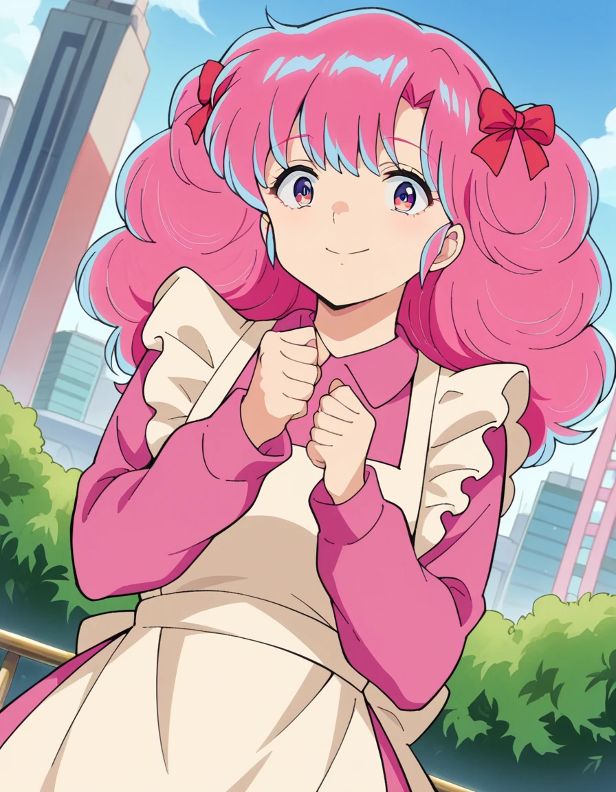 score_9, score_8_up, score_7_up, source_anime,
uruseiyatsuraran, <lora:urusei-ran-ponyxl-lora-nochekaiser:1>,
ran, long hair, bangs, pink hair, bow, hair bow, red bow, pink eyes, smile,
long sleeves, apron, white apron, shirt, pink shirt, frills, long sleeves,
outdoors, cityscape,
looking at viewer, cowboy shot, dutch angle,