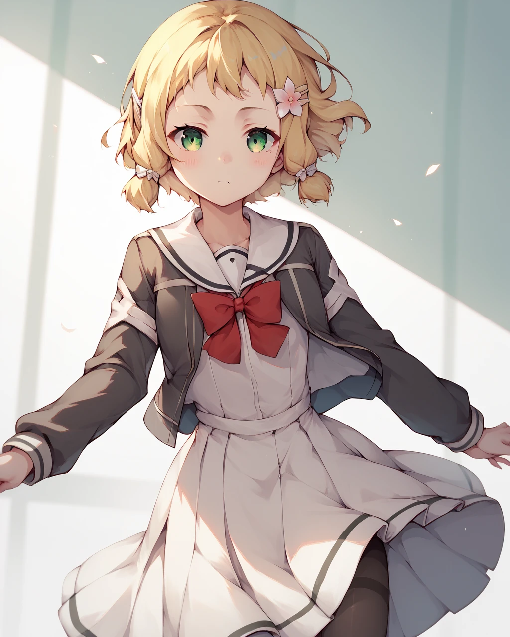 score_9, score_8_up, score_7_up,
<lora:Inubozaki_Itsuki_PONY:1>,1girl, solo,short hair, green eyes, hair flower, blonde hair,skirt,hair ornament,hairclip,bow,dress,school uniform, pantyhose, , red bowtie,white dress,