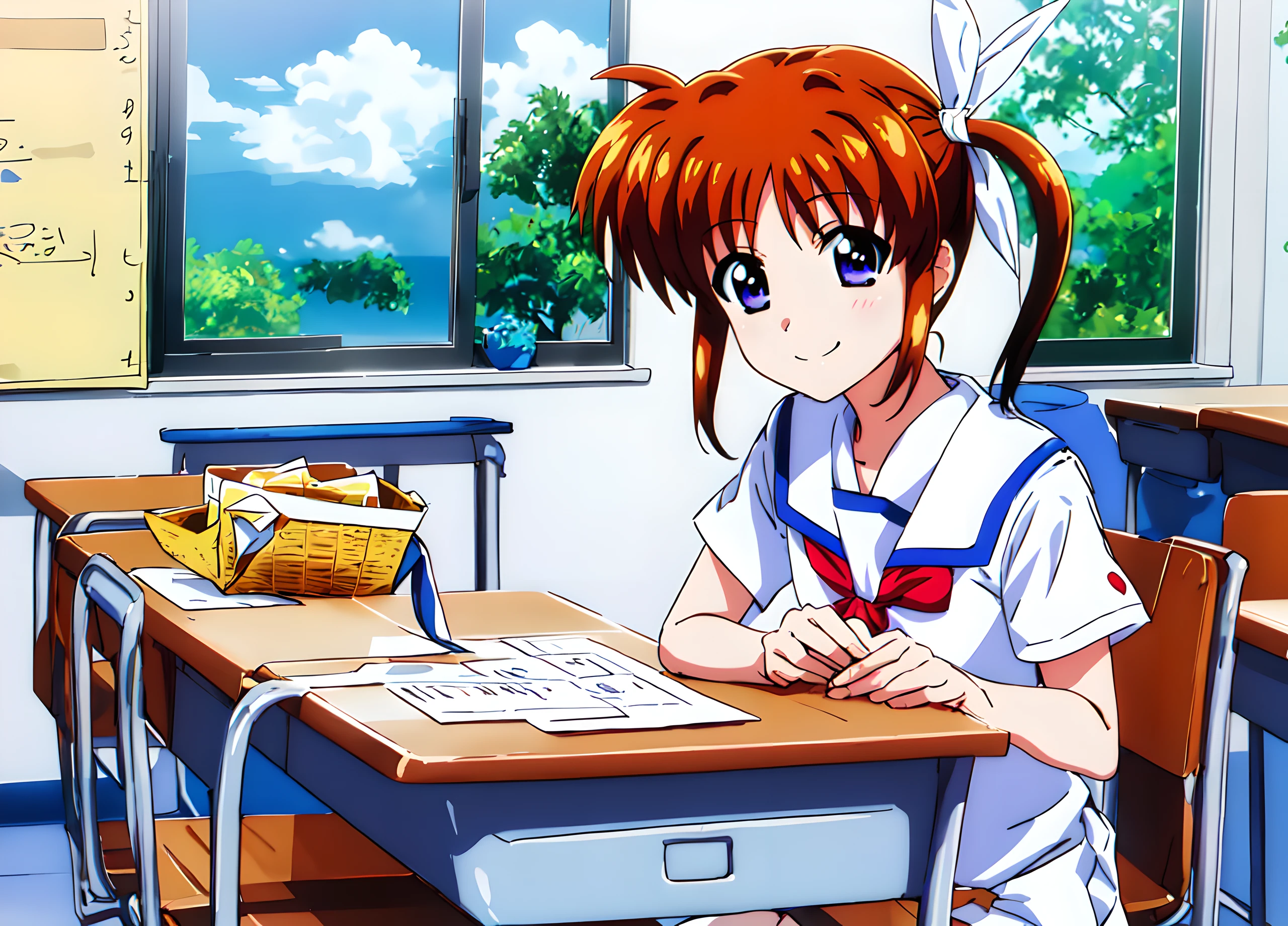 <lora:nanoha:0.8>,nanoha,1girl,super fine illustration,masterpiece,best quality,cowboy_shot,summer_uniform,classroom,sit in a chair,smile,