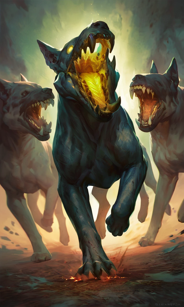 score_9, score_8_up, score_7_up, BREAK, gwentstyle, a dog with glowing teeth running in the dark, creature, epic shot, (dark fantasy:1.2), <lora:GwentStyle_v2:1>