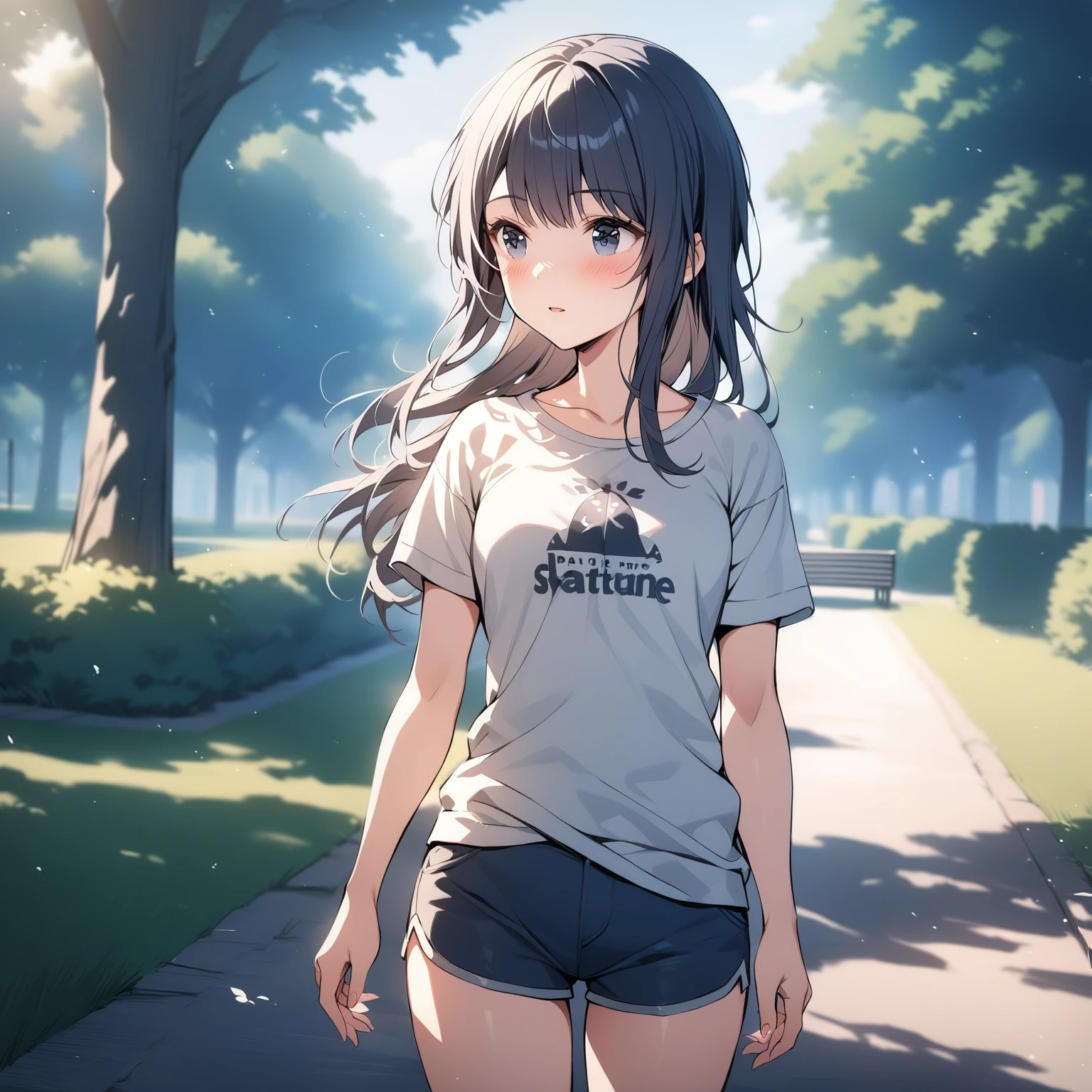 [high quality, best quality], cinematic, 1girl, solo, nagase kotono, casual, t-shirt, short shorts, park, outdoors, looking afar, blush, bloom, hdr, <lora:ktn:0.72>