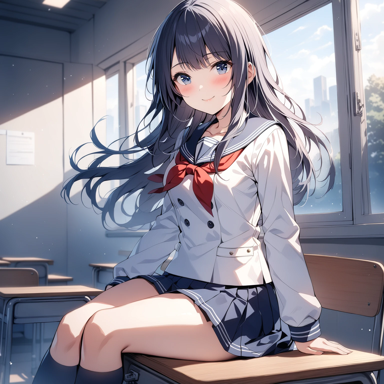 [high quality, best quality], cinematic, 1girl, solo, nagase kotono, serafuku, kneehighs, loafers, sitting on desk, looking at viewer, smile, blush, classroom, bloom, hdr, <lora:ktn:0.72>