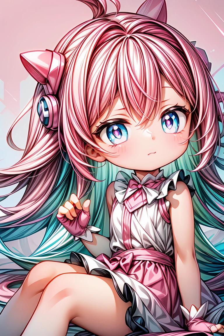 professional_artwork,best_quality,(pink and white theme:1.3),1girl,solo,(kawaii,petite,cute:1.2),glittering_eyes,closed_mouth,happy,adorable,((Detailed)), ((Masterpiece)), ((Impressive)), ((Elegant)), ((Mind-blowing)), ((Phenomenal)), anime, Shojo, Drama, digital artwork, Digital masterpiece, Digital masterpiece, Digital illustration, neon light, Neon illumination, Electrifying light, Vibrant glow, 35mm, Panoramic view,Illustration,Cover,enigmatic figure,crystals adorning hair,dreamlike swirl,pastel hues,soft light,evoking calm serenity and elusive beauty,Non-representational,colors and shapes,expression of feelings,imaginative,highly detailed,fingerless_gloves,headwear,wide_shot,looking_into_distance,sitting,from_side