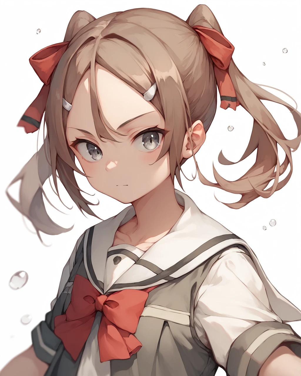 score_9, score_8_up, score_7_up,
<lora:Miyoshi_Karin_PONY:1>,1girl, solo,brown hair, hair ornament,twintails,grey eyes,school uniform, hair ribbon, hairclip, bowtie,hair red bow,sailor dress, pleated dress,