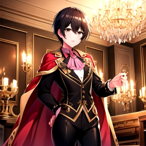 <lora:Aoi_Miyake-1:0.7>, miyakeaoi, looking at viewer, short hair, brown hair, shirt, long sleeves, ribbon, hair between eyes, jewelry, standing, jacket, cowboy shot, frills, parted lips, food, pants, indoors, cape, vest, ascot, sparkle, black pants, frilled sleeves, brooch, gem, pink ribbon, cake, black vest, glint, black cape, candle, candlestand, chandelier